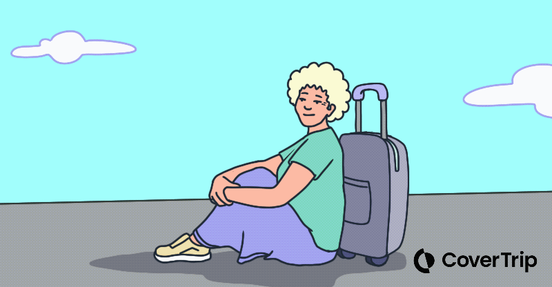 Older traveler with a suitcase and airplane flying overhead